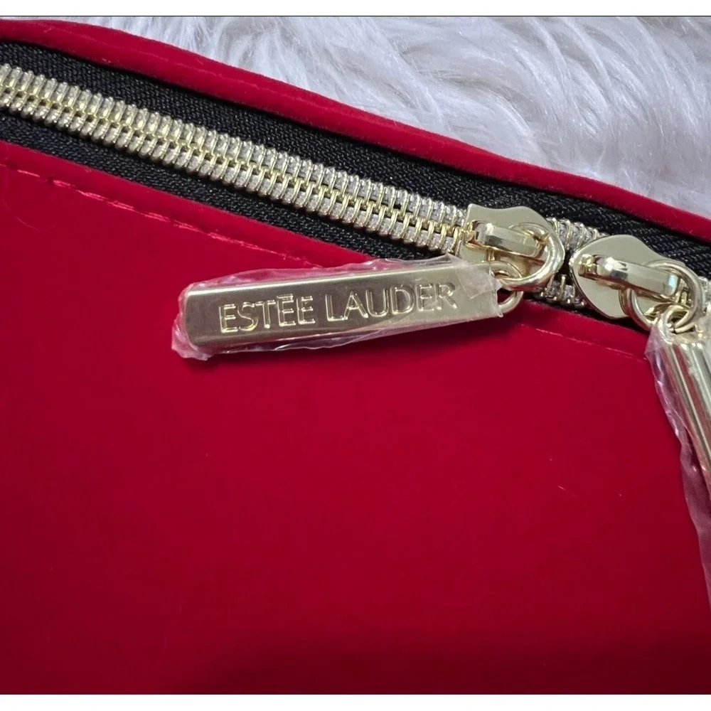 Estee Lauder Red Velvet Bow Cosmetic Bag‎ Travel Makeup Case Gold Zipper New
